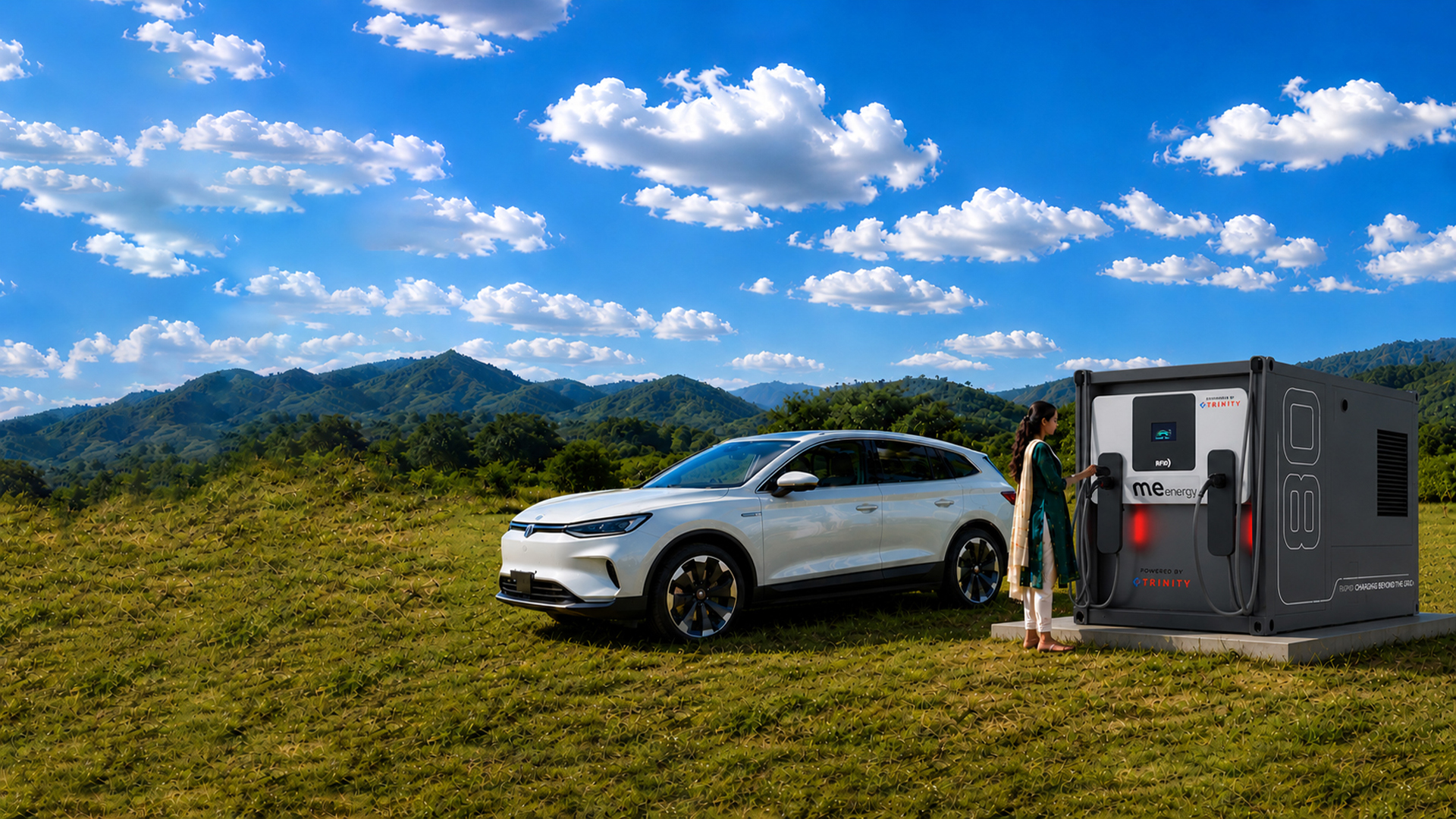 ME Energy Rapid Charger unit charging an electric vehicle at night in the city